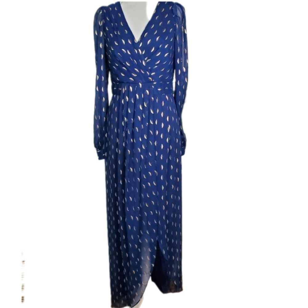 Betsy & Adam High Low Faux Wrap Gown, Blue w/ Metallic Gold Flecks, Size 6